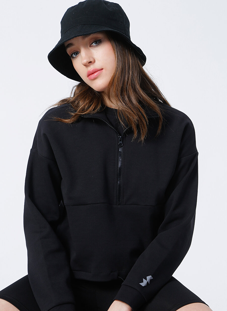 Sweaters K-FLORANSA Dik Yaka Crop Düz Siyah Kadın Sweatshirt