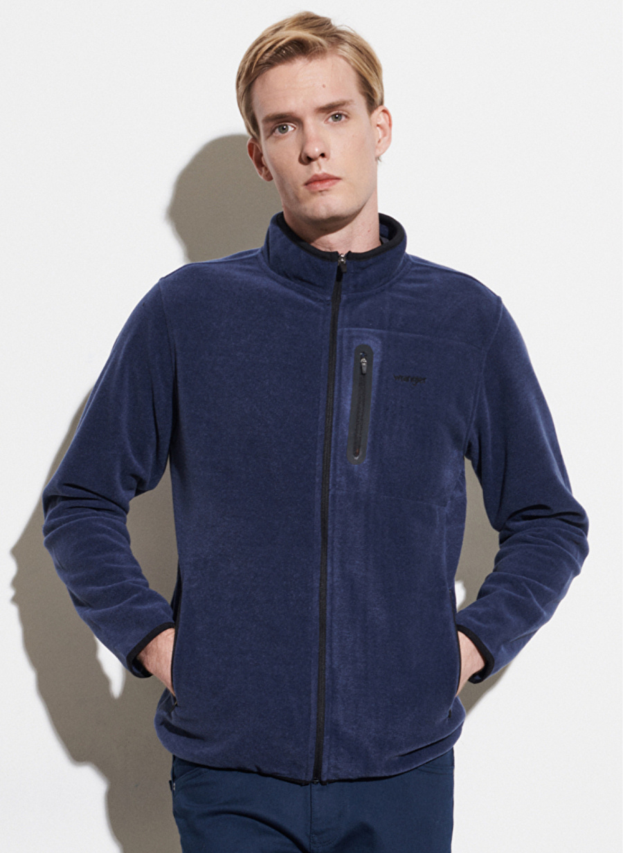 Wrangler Fermuarlı Regular Fit Düz Lacivert Erkek Şardonlu Polar Sweatshirt W212981410_Full Zip