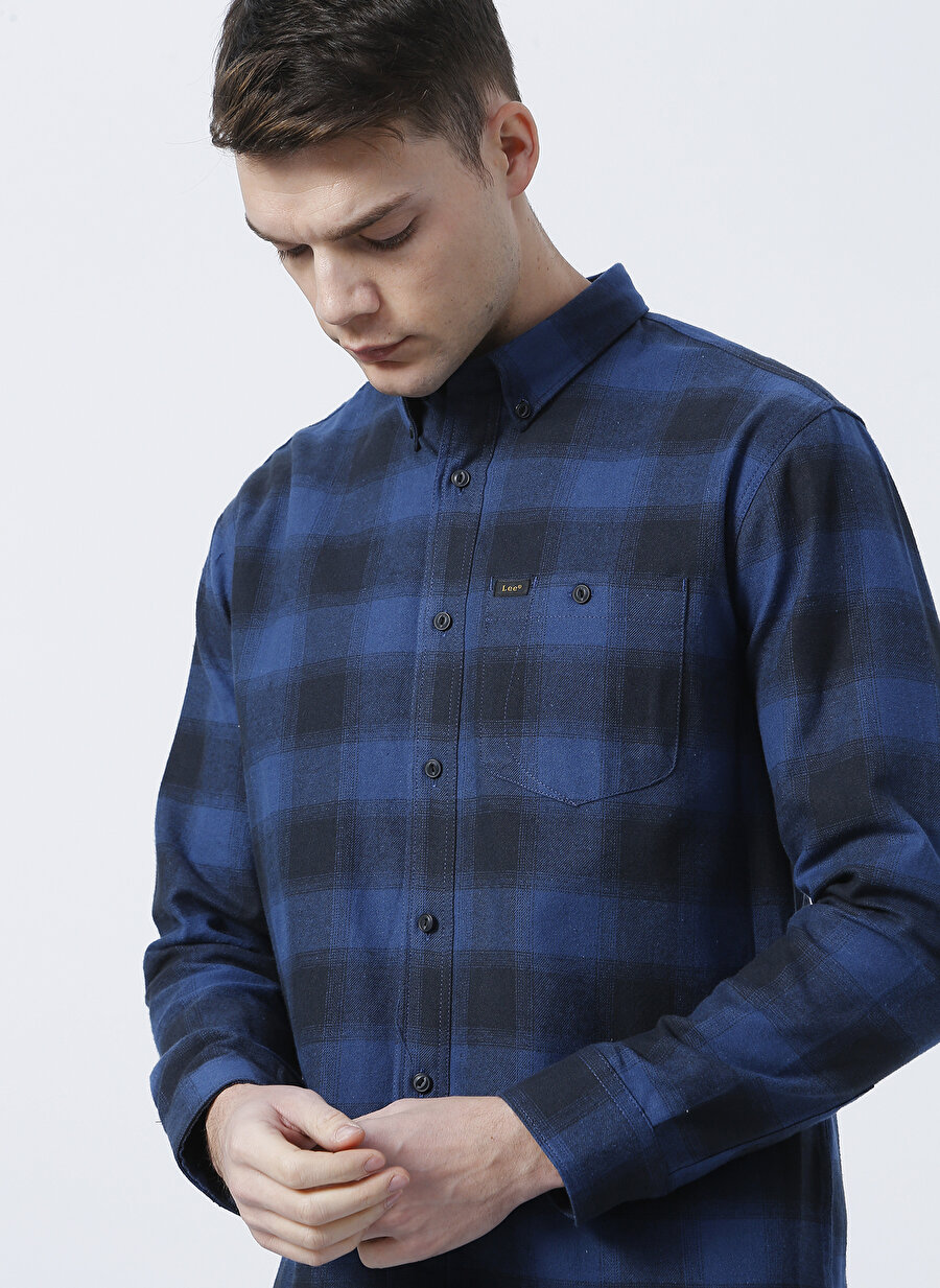 Lee L66imlss_Flannel Check Shirt Uzun Kollu Normal Kalıp Kareli Mavi Erkek Gömlek