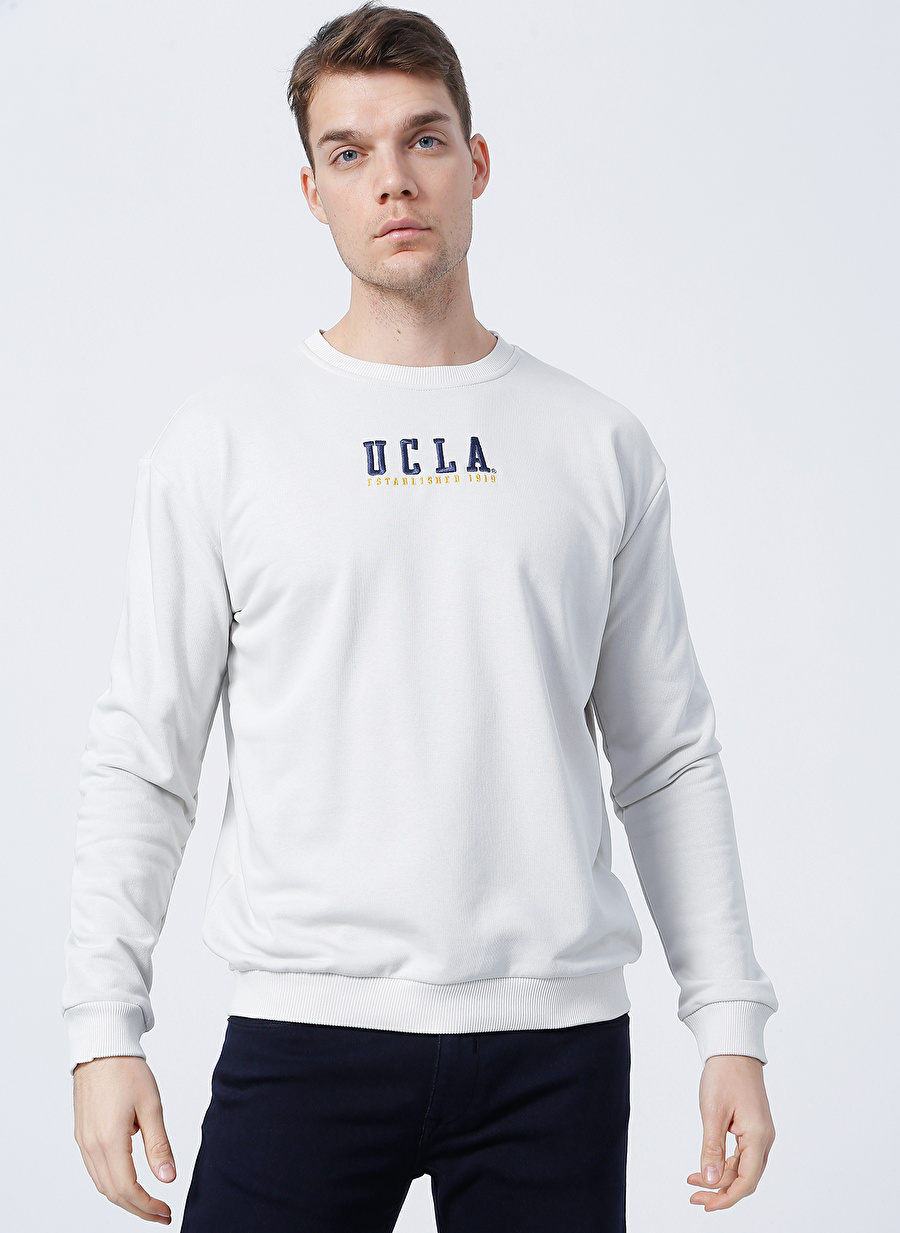 Ucla Guerne Bisiklet Yaka Uzun Kollu  Oversized Nakışlı Bej Erkek Sweatshirt