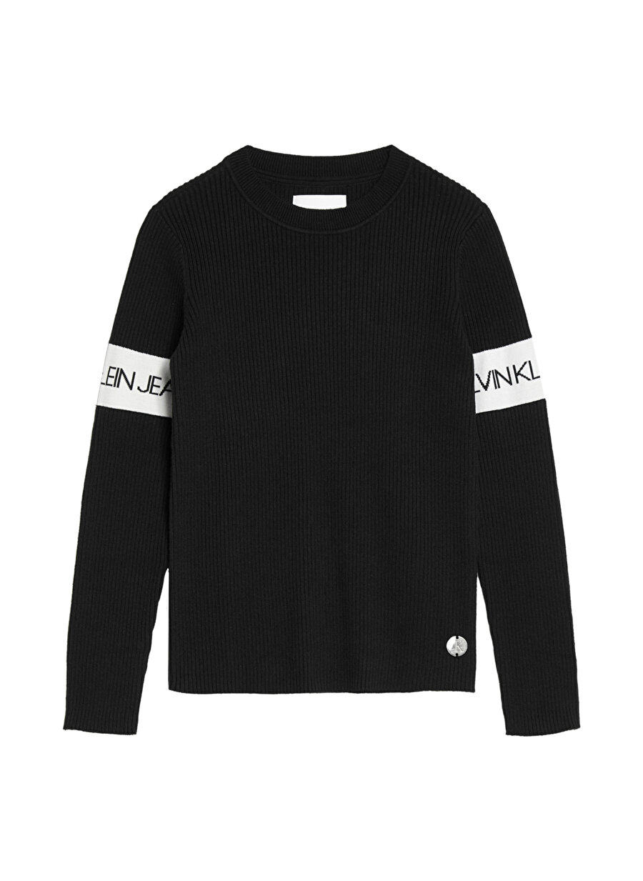 Calvin Klein INTARSIA Logo Rıb Sweater Siyah Bisiklet Yaka Kız Çocuk Düz Sweatshirt