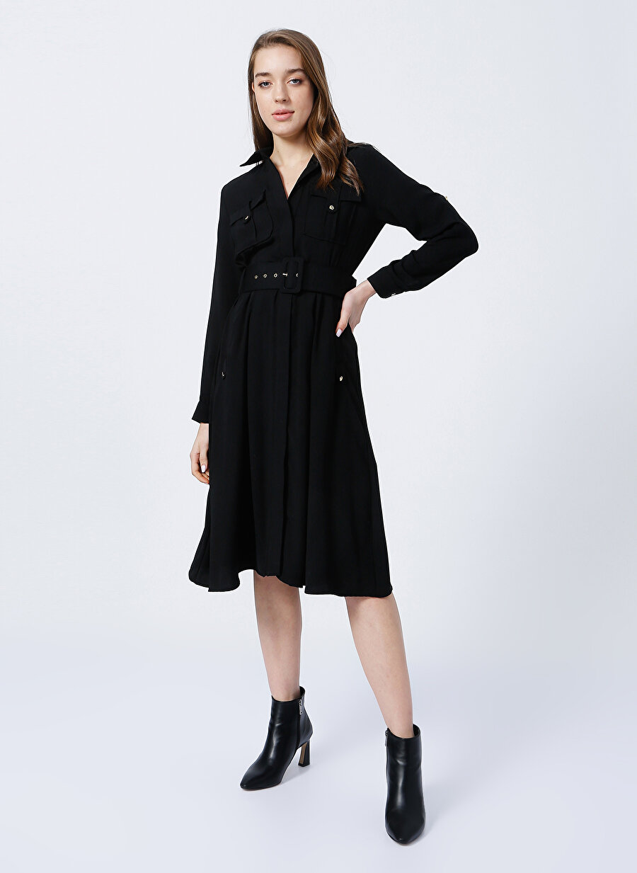 Pierre Cardin Zuzip Gömlek Yaka Standart Kalıp Düz Siyah Kadın Elbise