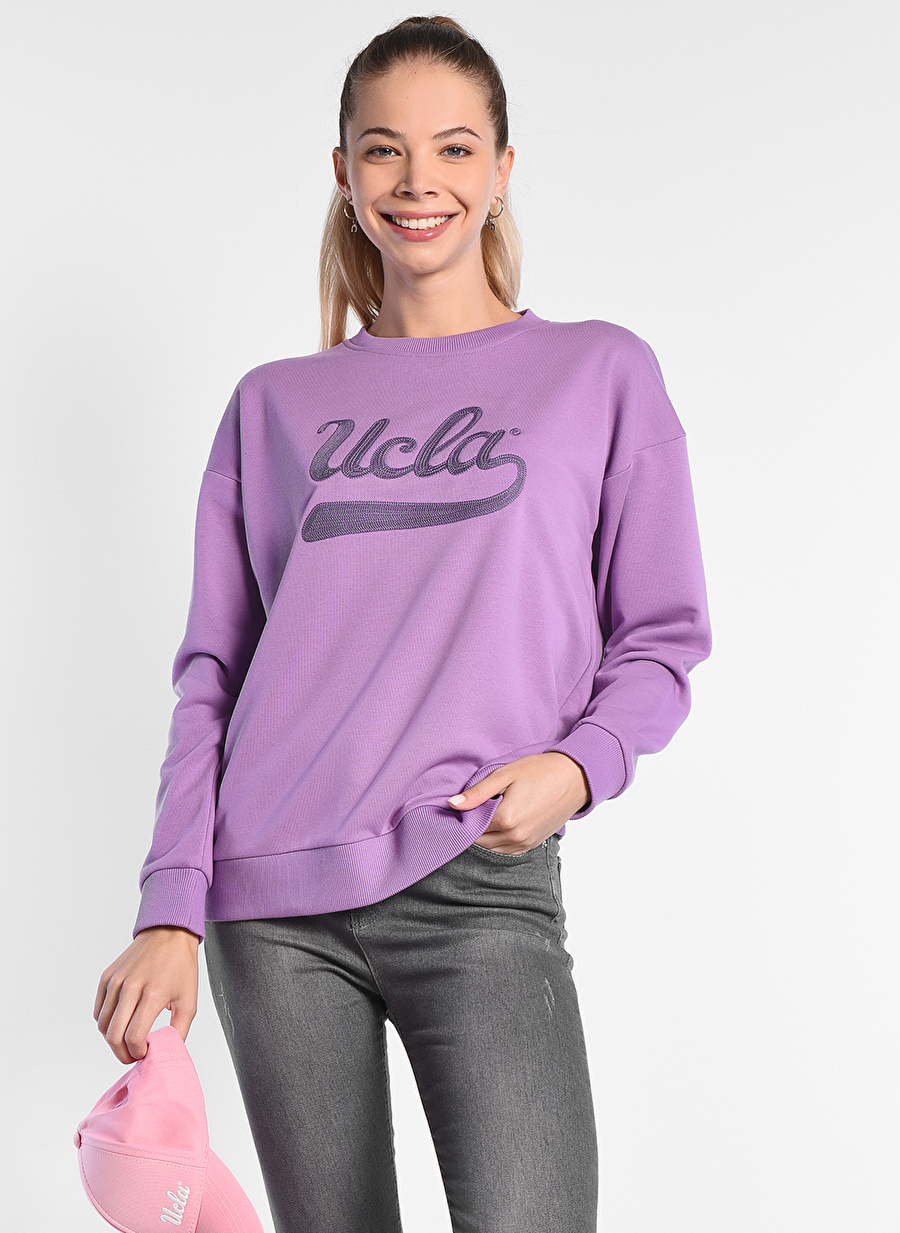 Ucla Barbara Yuvarlak Yaka Uzun Kollu  Oversized Nakışlı Mor Kadın Sweatshirt