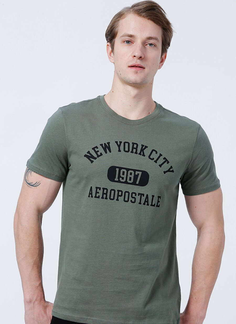 Aeropostale Bisiklet Yaka Standart Kalıp Baskılı Haki Erkek T-Shirt - E-ROSALIE