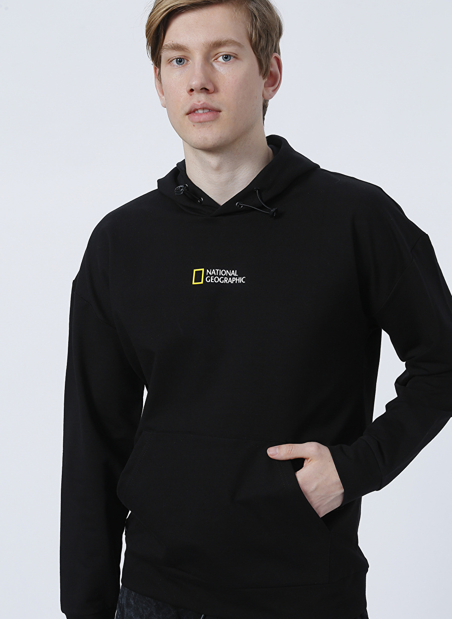 National Geographic C-Center Kapüşonlu Regular Fit Baskılı Siyah Erkek Sweatshirt