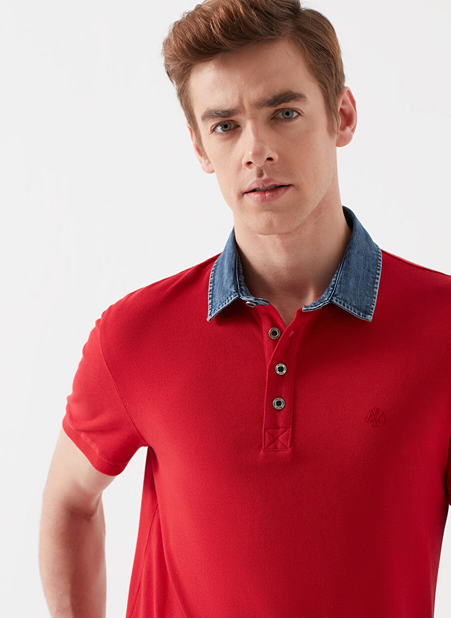Mavi Düz Kırmızı Erkek Polo T-Shirt -