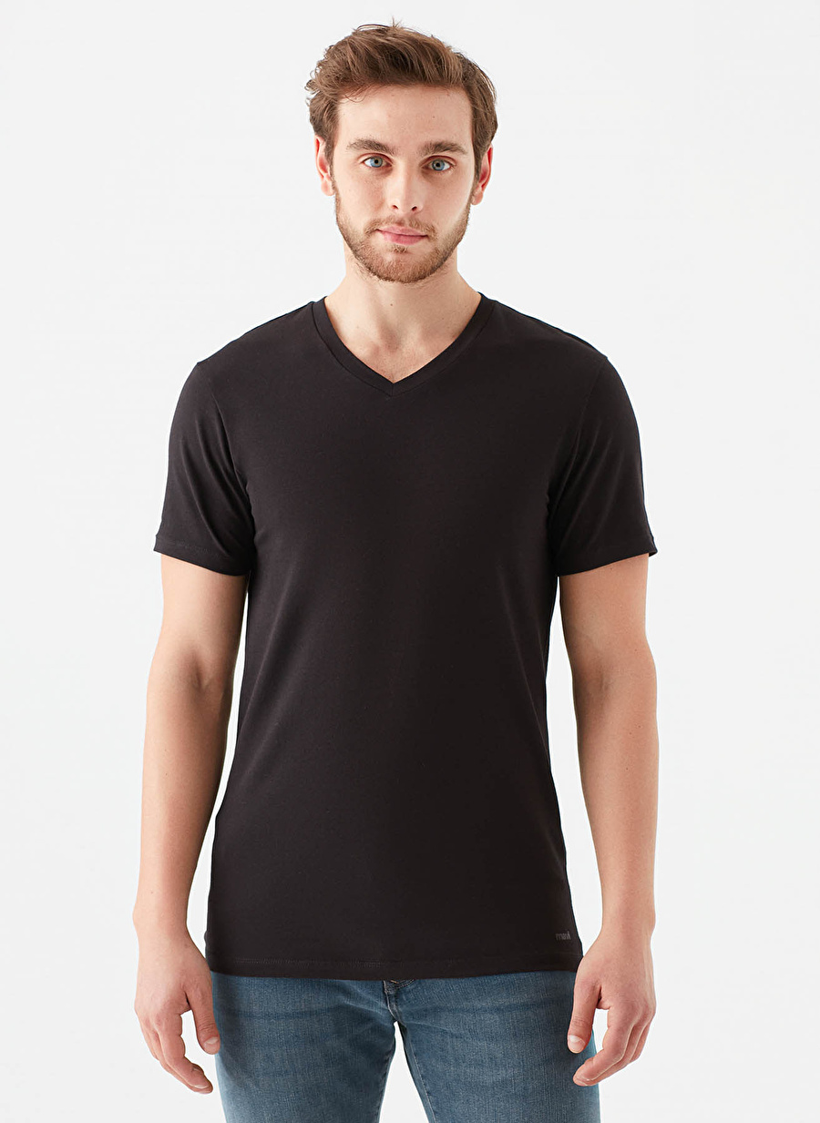 Mavi 061748-900 Stretch V Yaka Dar Kalıp Düz Siyah Erkek T-Shirt