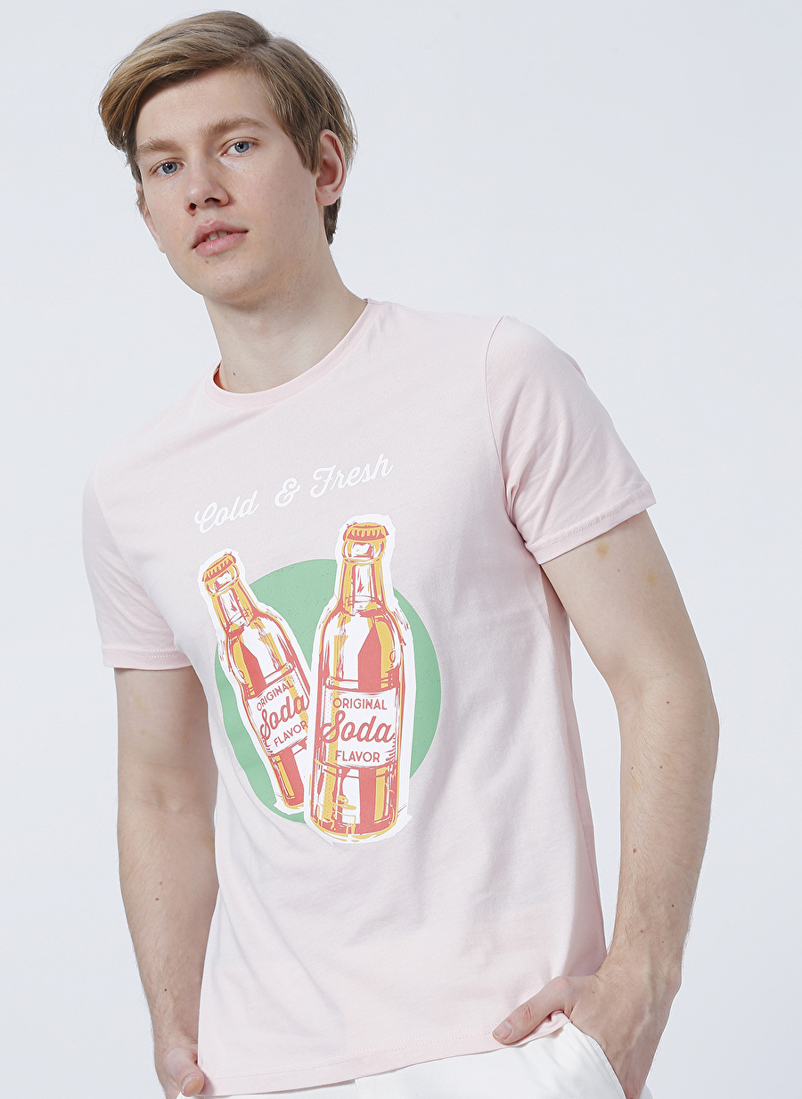 Limon Bisiklet Yaka Baskılı Pembe Erkek T-Shirt SODA