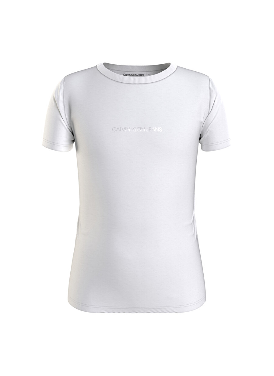 Calvin Klein Ig0ig00615-Metallic Chest Logo Slim Bisiklet Yaka Normal Kalıp Düz Beyaz Kız Çocuk T-Shirt