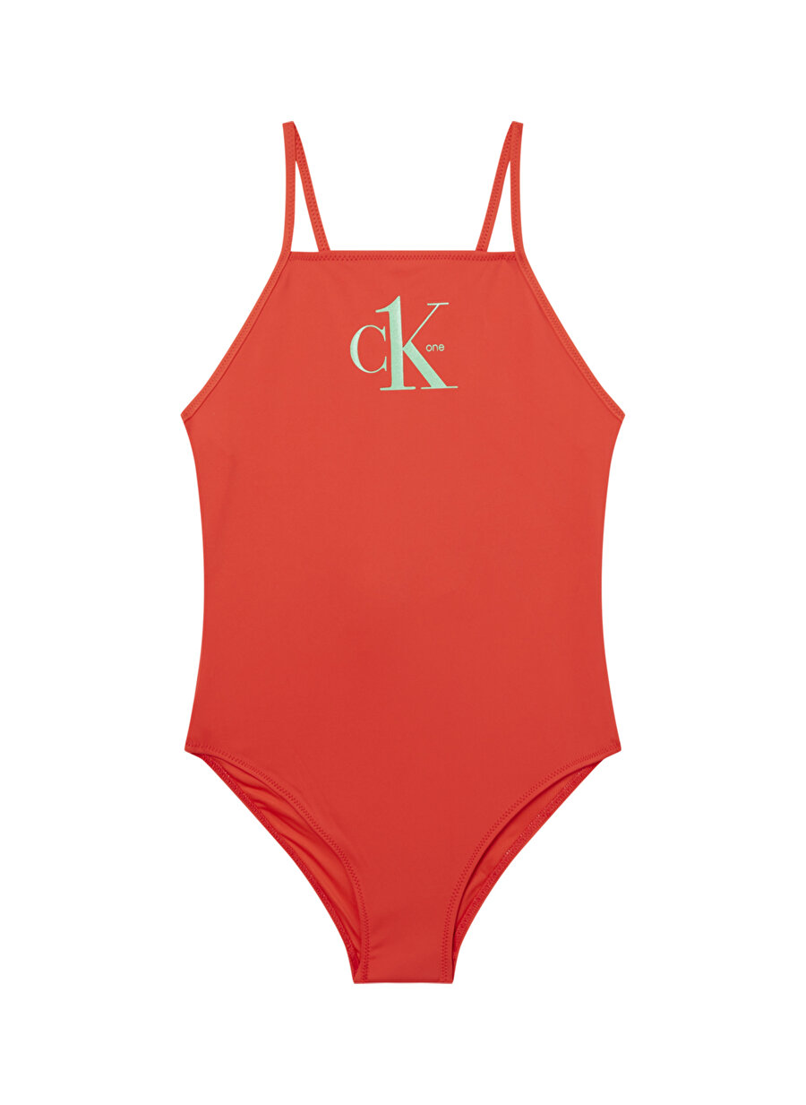 Calvin Klein Ky0ky00020-Swimsuit O Yaka Dar Kalıp Düz Koyu Turuncu Kız Çocuk Mayo