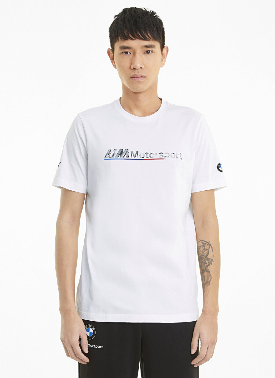 Puma 59952902 BMW MMS Logo Tee+ O Yaka Normal Kalıp Baskılı Beyaz Erkek T-Shirt
