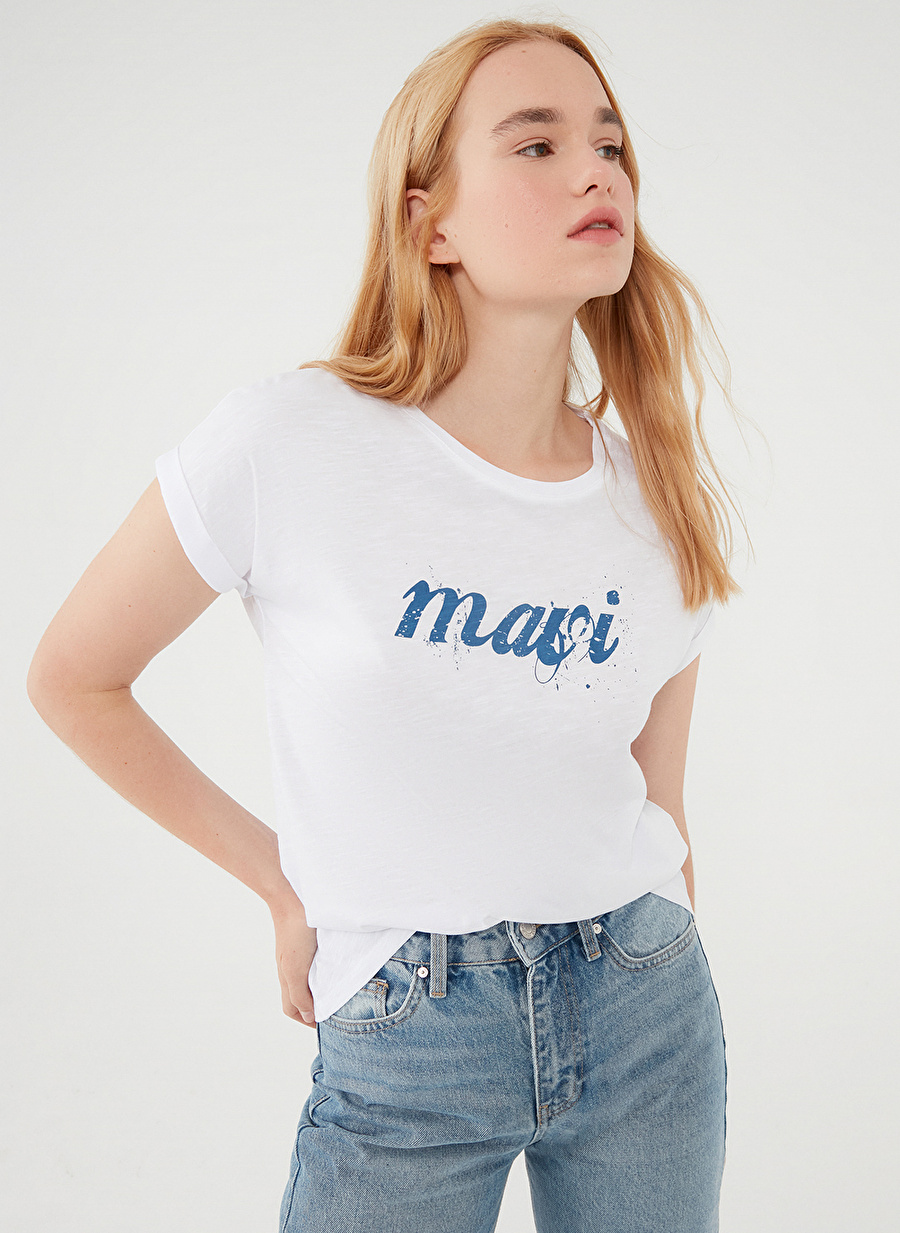 Mavi Bisiklet Yaka Beyaz Kadın T-Shirt M166422-620