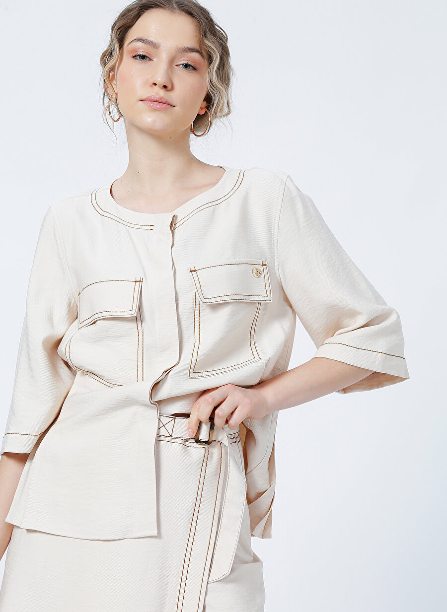 Pierre Cardin Grand Klasik Yaka Crop Top Düz Bej Kadın Gömlek