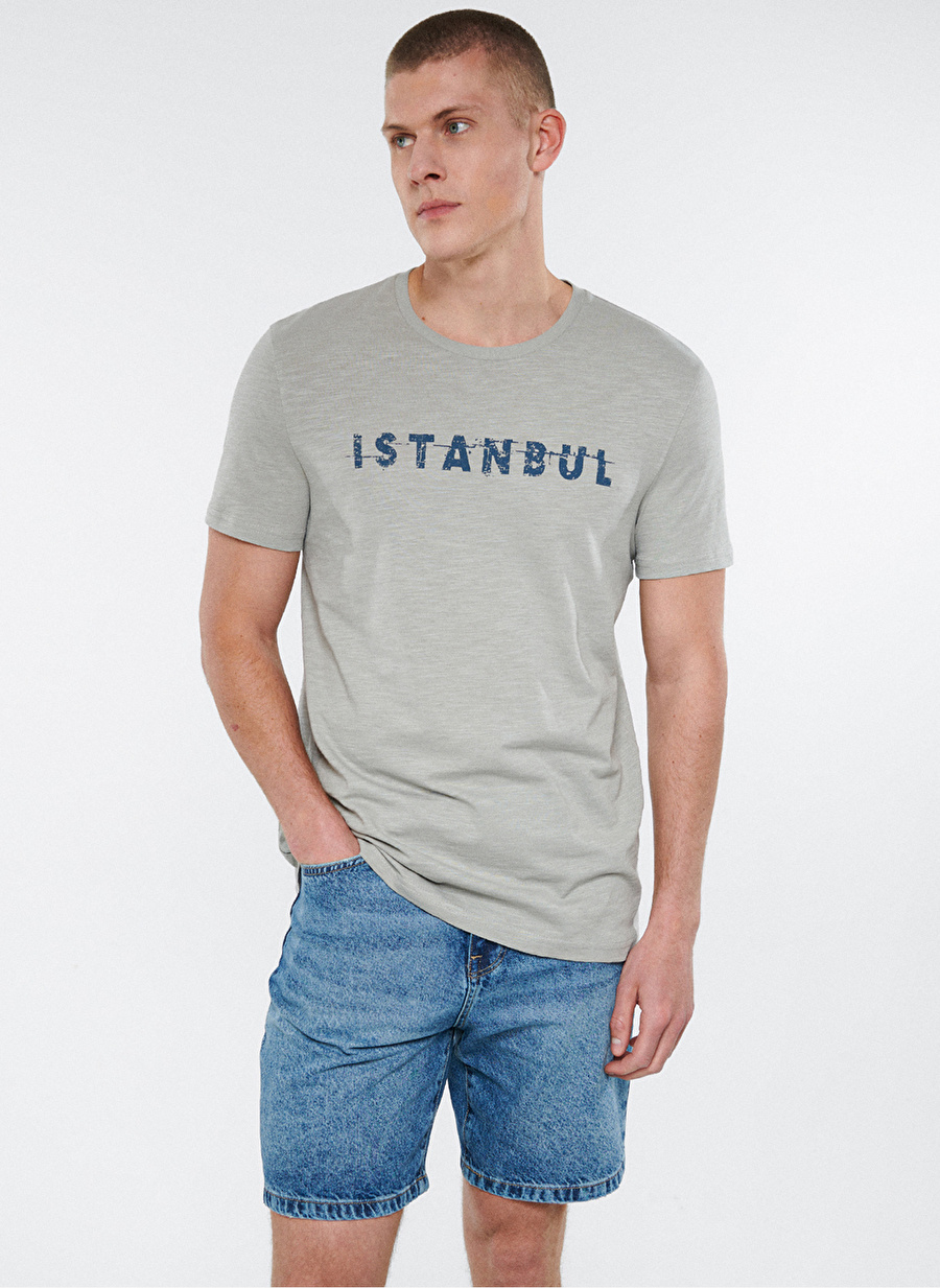 Mavi M066282-31935_Istanbul  Bisiklet Yaka    Slim Fit Baskılı Açık Gri Erkek T-Shirt