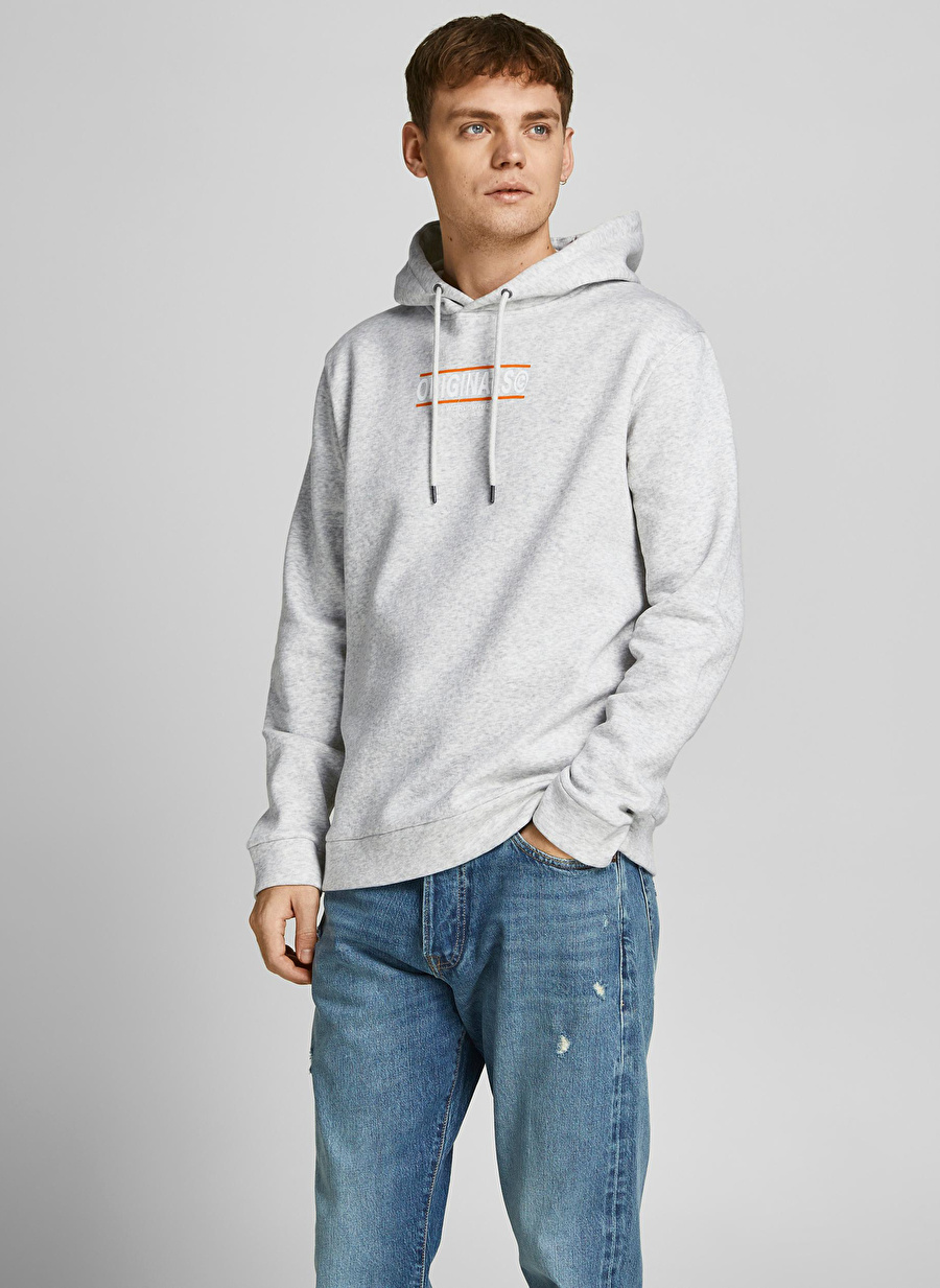 Jack & Jones 12209313_Jorbooster Sweathood Kapüşonlu  Regular Fit Baskılı Beyaz Erkek Sweatshirt