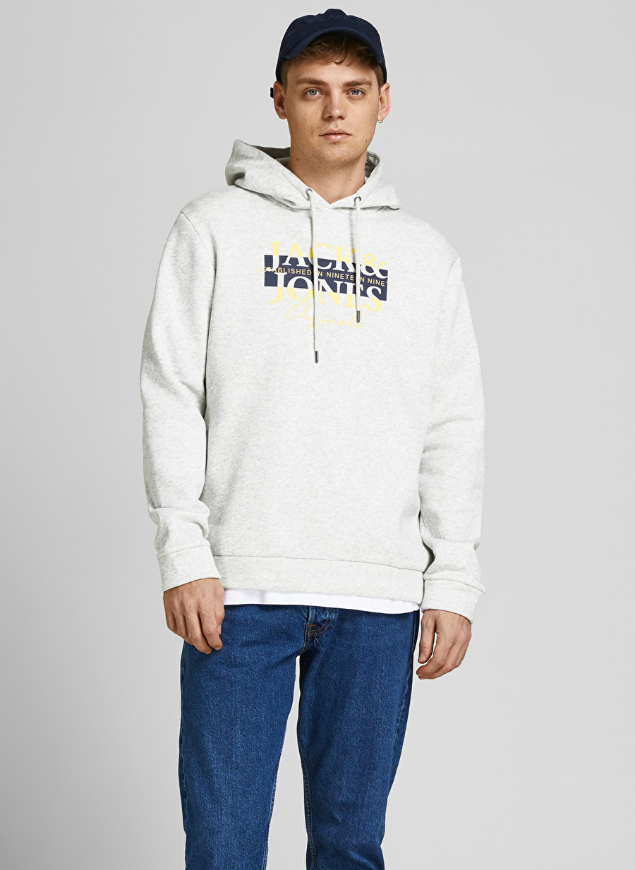 Jack & Jones 12209309_Jorbooster Sweathood Kapüşonlu  Regular Fit Baskılı Beyaz Erkek Sweatshirt