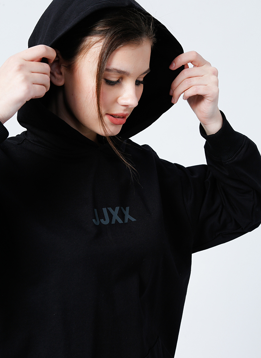 JJXX Kapüşonlu  Rahat Kalıp Düz Siyah Kadın Sweatshirt  -  Jxbeth Ls Loose Hoodie By