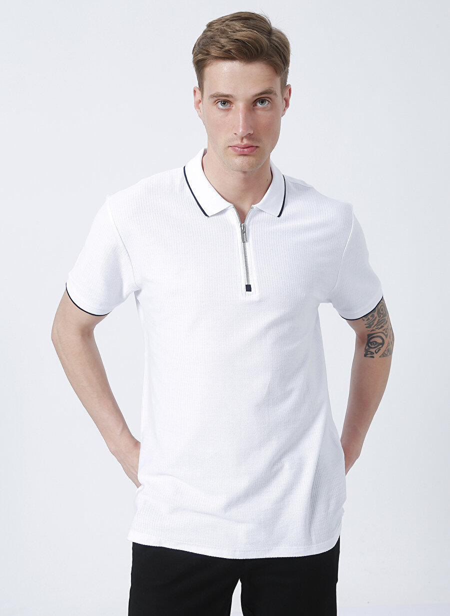 Network Polo Yaka Jakarlı Beyaz Erkek Polo T-Shirt 1083156
