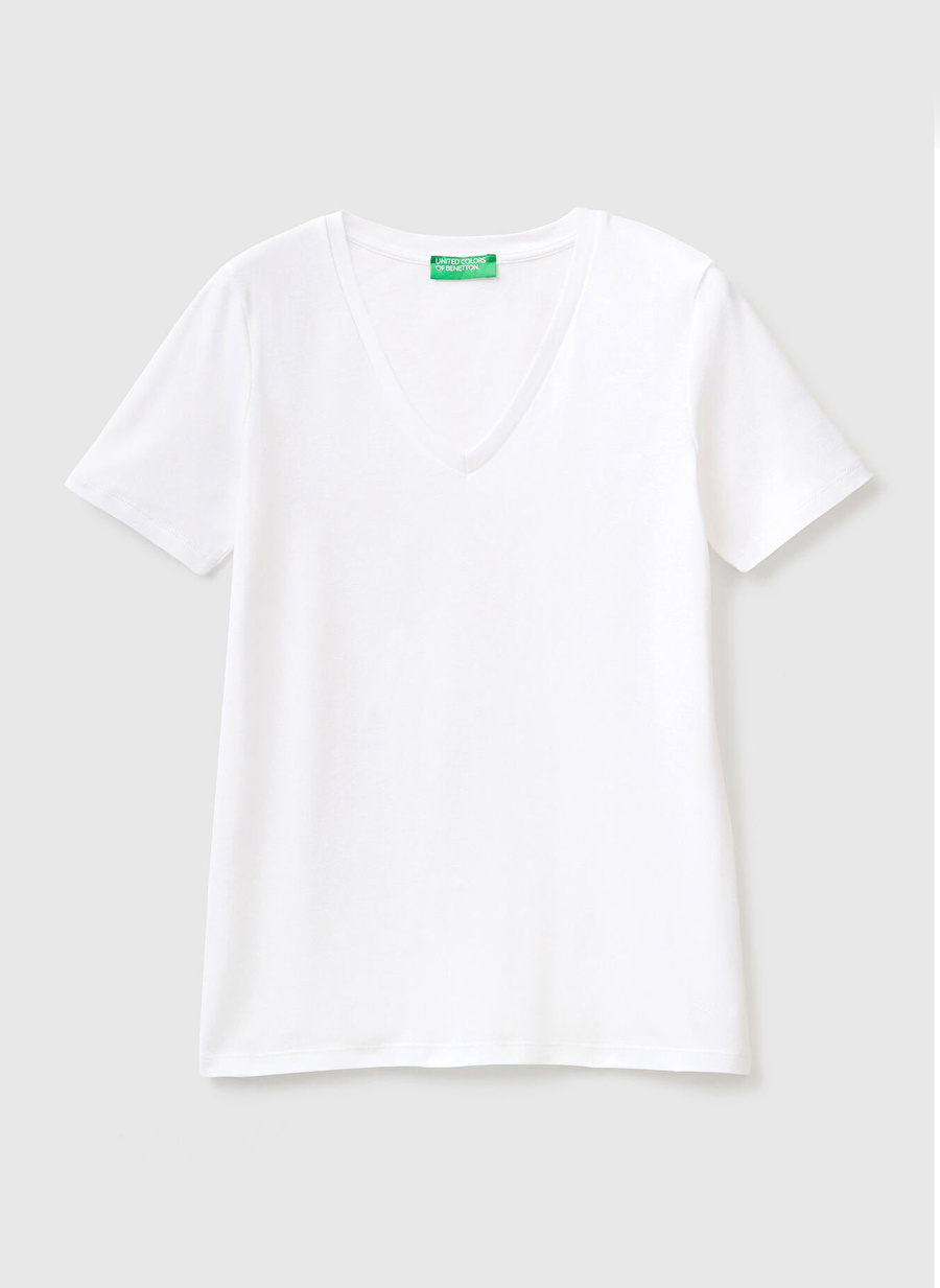 Benetton V Yaka  Normal Kalıp  Kadın Beyaz T-Shirt  -  3GA2E4230