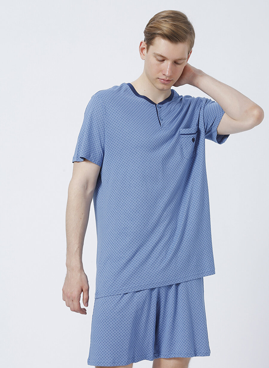 Blackspade 30811 V Yaka Normal Bel Baskılı Mavi Erkek Pijama Takımı