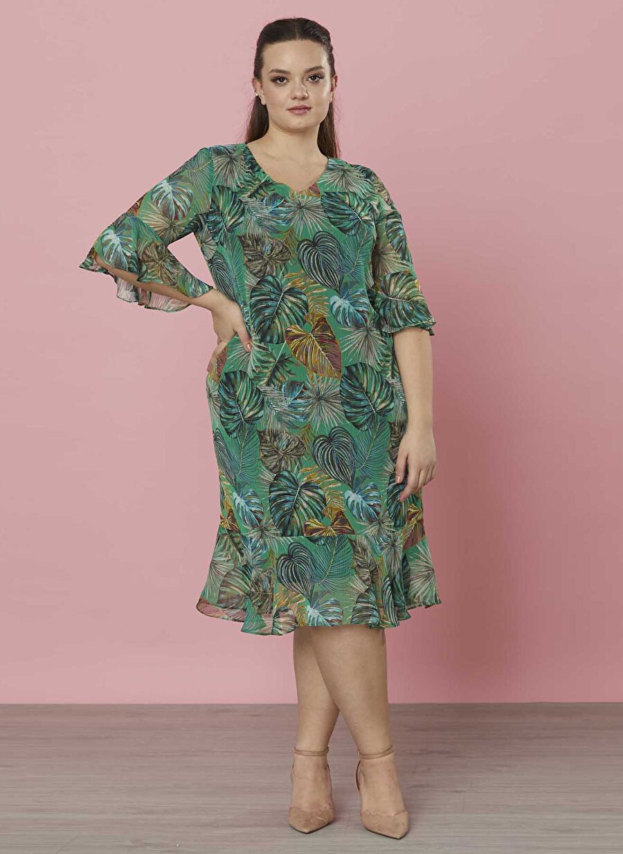 Selen V Yaka Emprime Yeşil Kadın Elbise - 22YSL7110