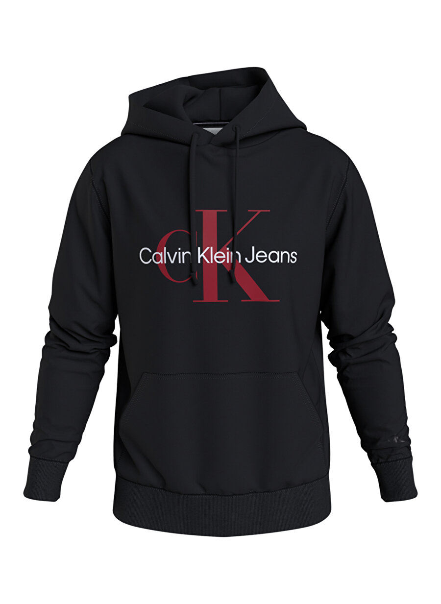 Calvin Klein Jeans Siyah Erkek Kapüşonlu Düz Sweatshirt J30J320805-0GK SEASONAL MONOGRAM