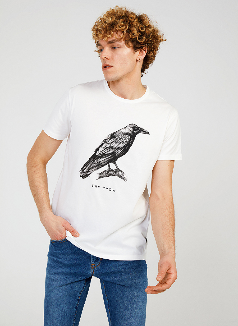 The Crow Bisiklet Yaka Baskılı Koyu Beyaz Erkek T-Shirt THE CROW