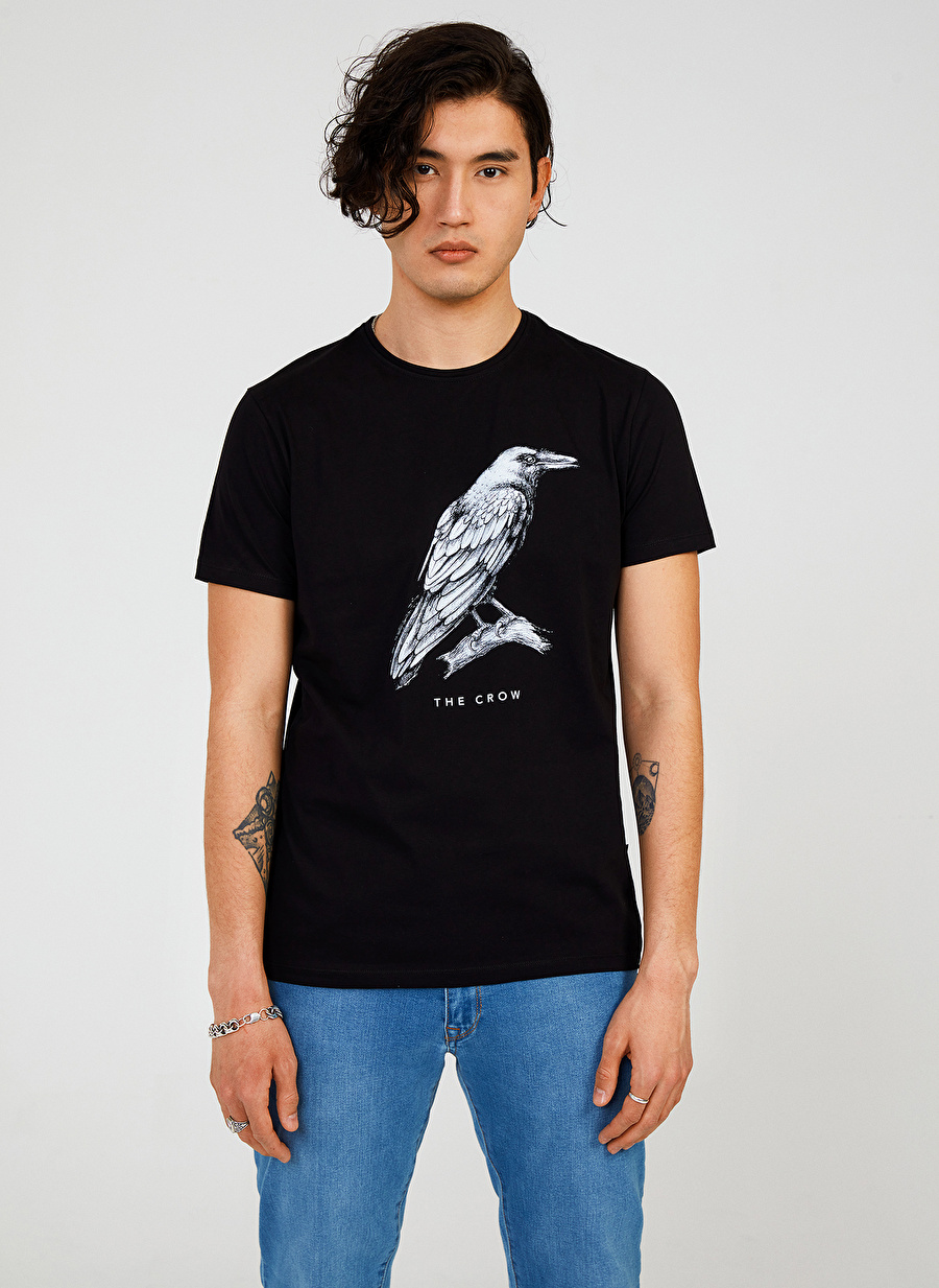 The Crow Bisiklet Yaka Baskılı Siyah Erkek T-Shirt THE CROW