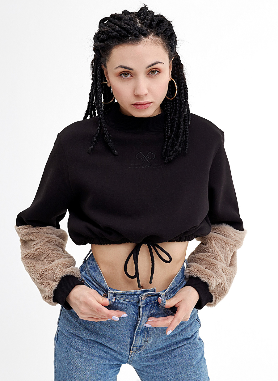 Polypop Siyah Unisex Cropped Fit Nakışlı Sweatshirt