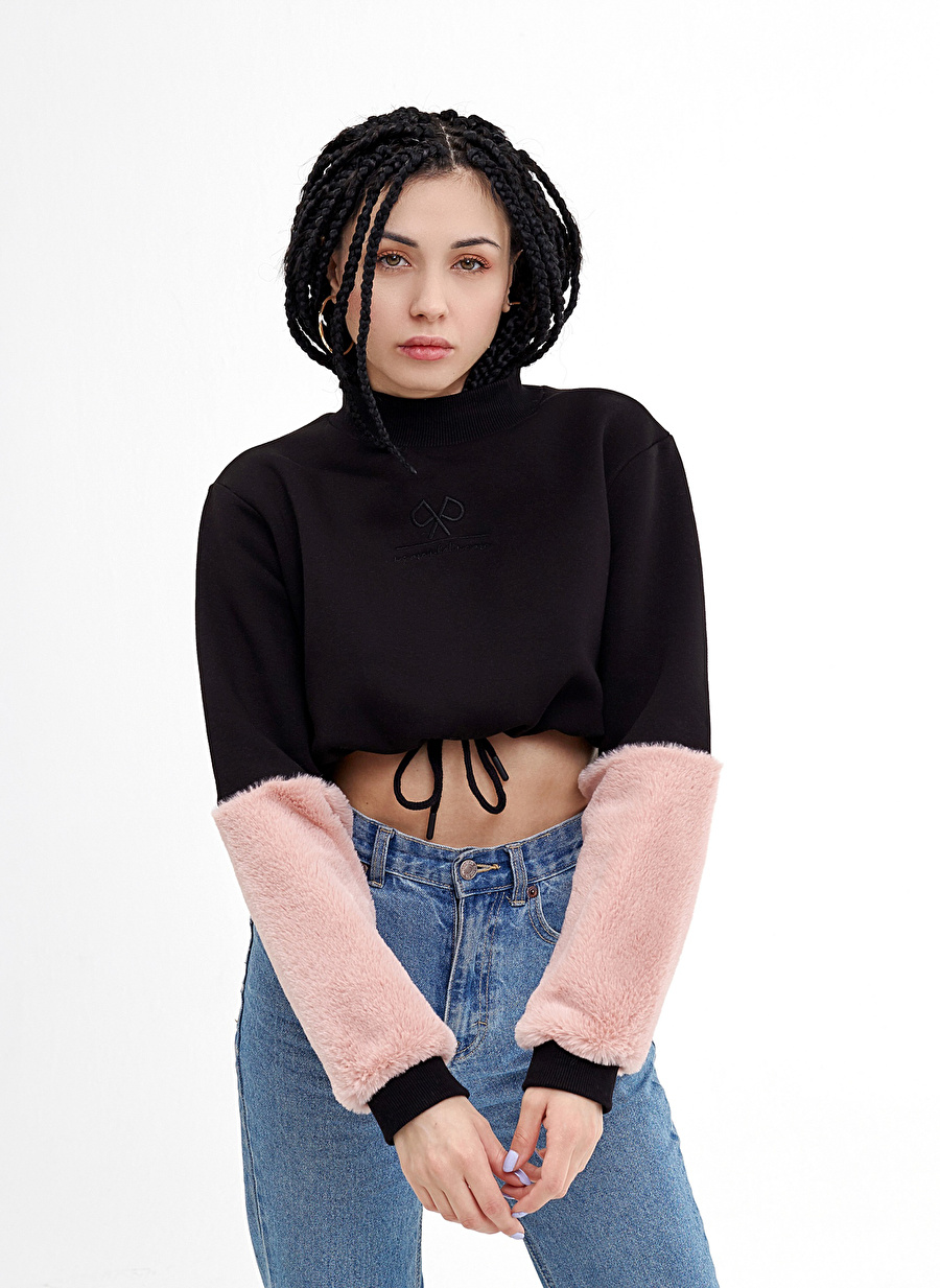 Polypop Siyah Unisex Cropped Fit Nakışlı Sweatshirt