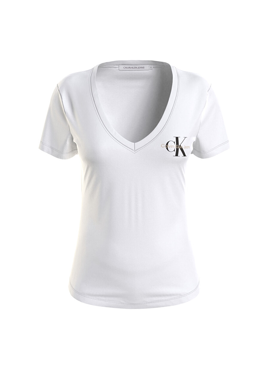 Calvin Klein Jeans V Yaka Normal Kalıp Beyaz Kadın T-Shirt J20J219138YAF