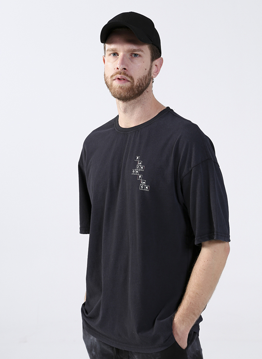 Black On Black Antrasit Erkek Bisiklet Yaka Loose Fit Baskılı T-Shirt E-LUMI-BB