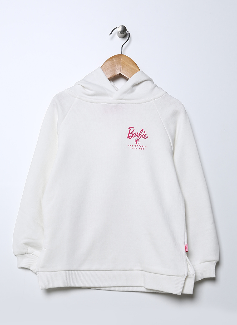 Barbie Ekru Kız Çocuk Kapüşonlu Uzun Kollu Baskılı Sweatshirt 22BW-26