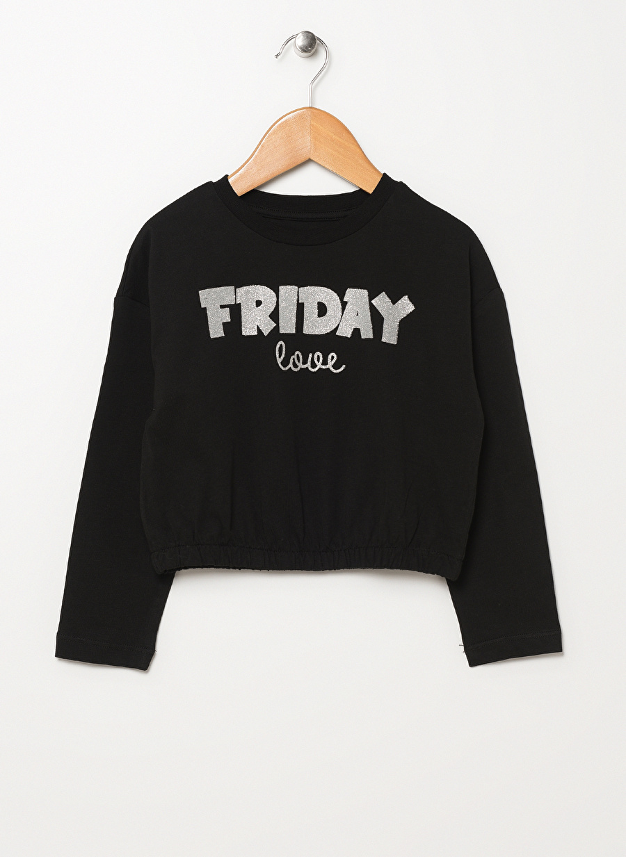 Limon Siyah Kız Çocuk Bisiklet Yaka Düşük Omuz Baskılı T-Shirt FRIDAY GIRL