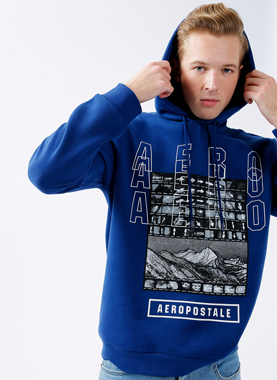 Aeropostale Kapüşonlu Relaxed Baskılı Lacivert Erkek Şardonlu Sweatshirt E-MOCCA