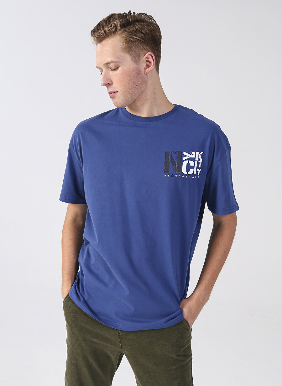 Aeropostale Bisiklet Yaka Baskılı Koyu Mavi Erkek T-Shirt E-KUBIK
