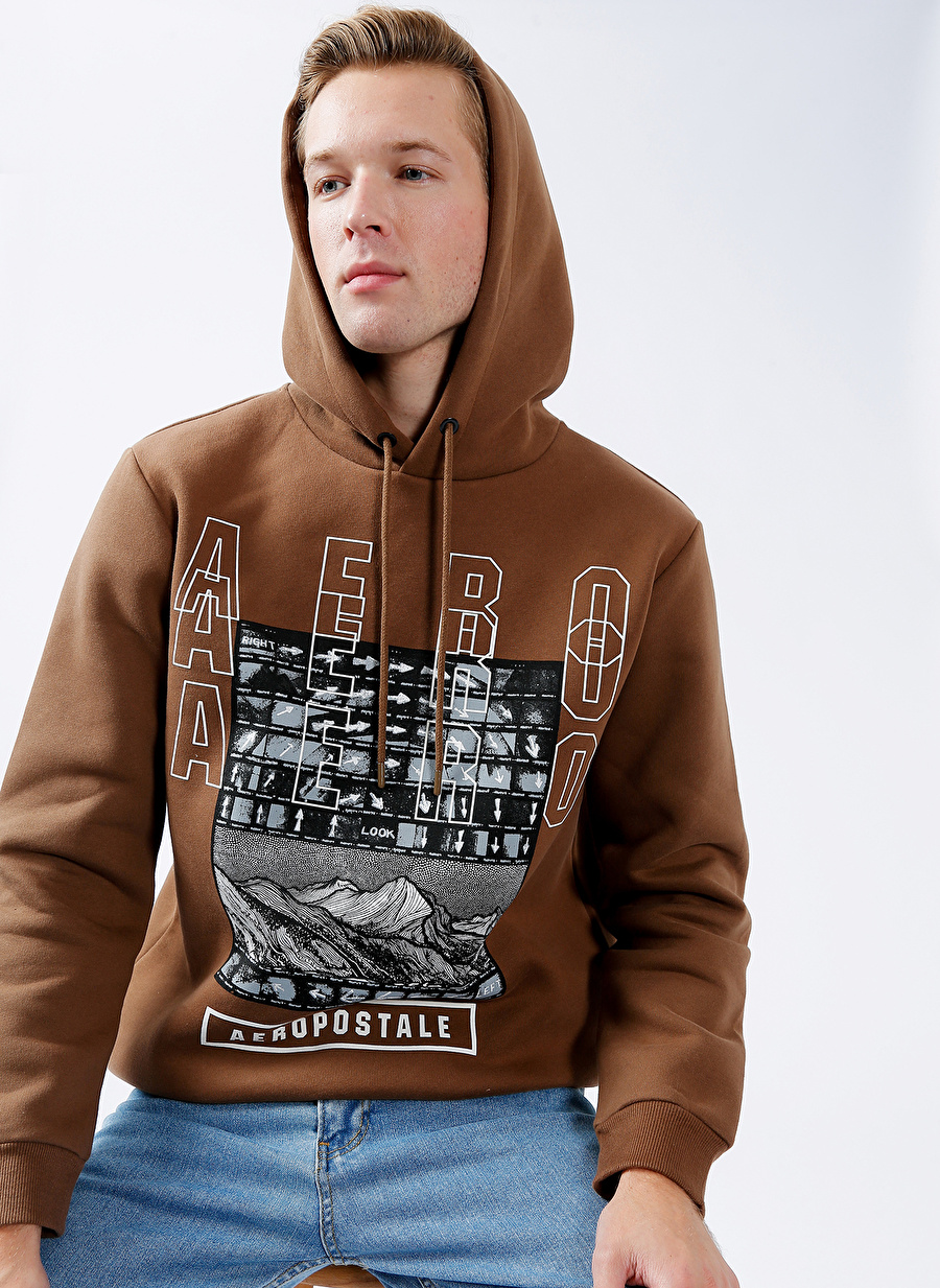 Aeropostale Kapüşonlu Relaxed Baskılı Kahve Erkek Şardonlu Sweatshirt E-MOCCA