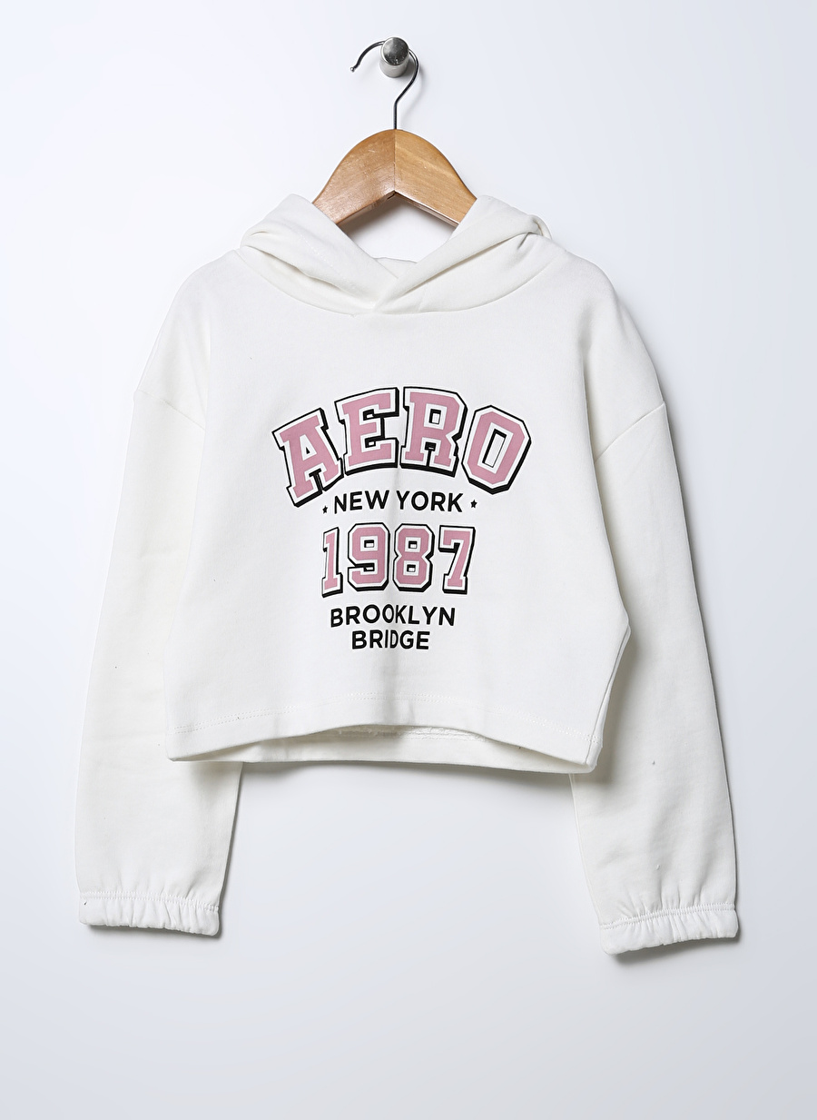 Aeropostale Ekru Kız Çocuk Kapüşonlu Düşük Omuz Crop Baskılı Sweatshirt 22WAG31