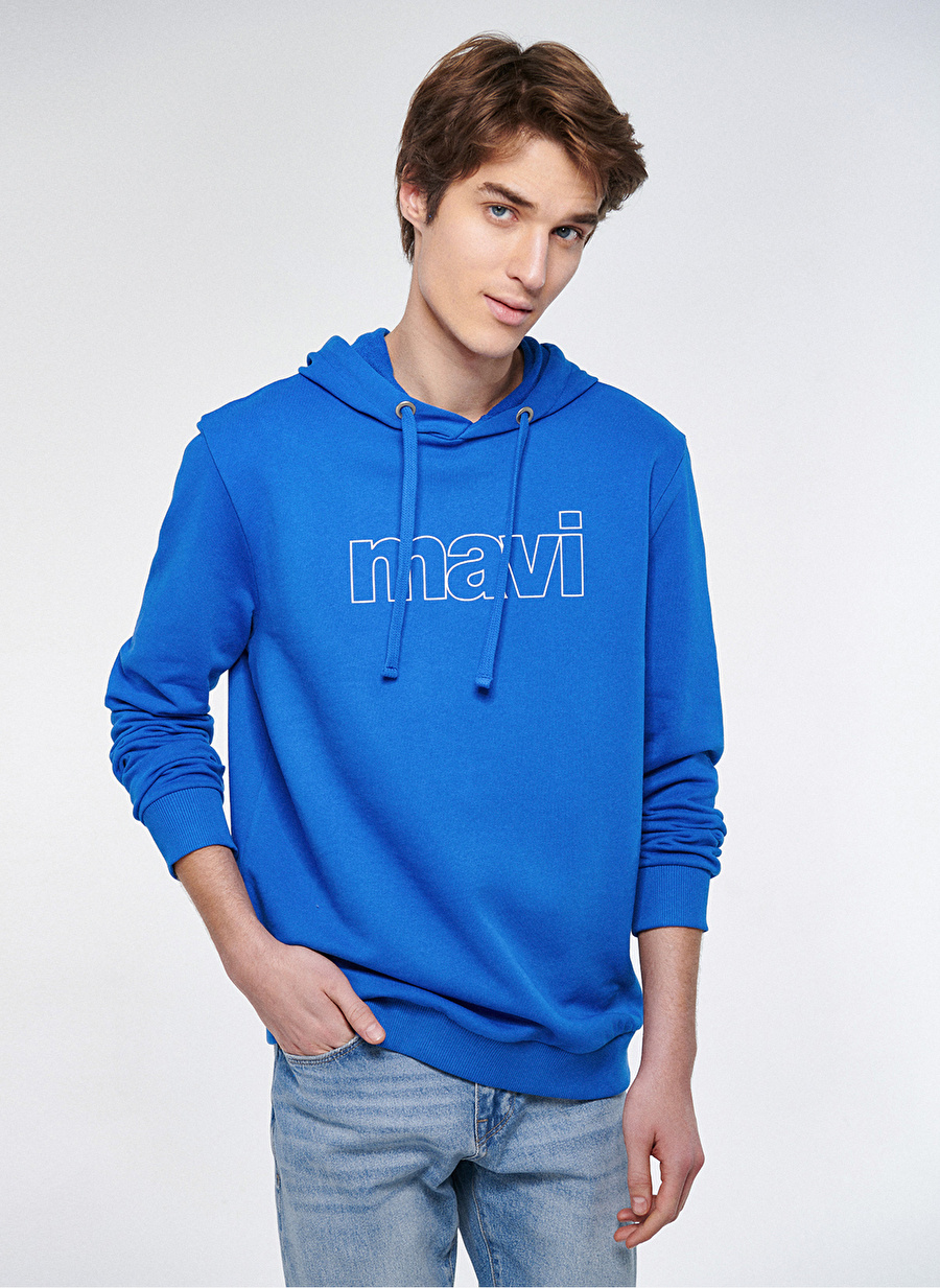 Mavi Kapüşon Yaka Saks Erkek Sweatshırt M065606-70913_LOGO KAPÜŞONLU SWEATS