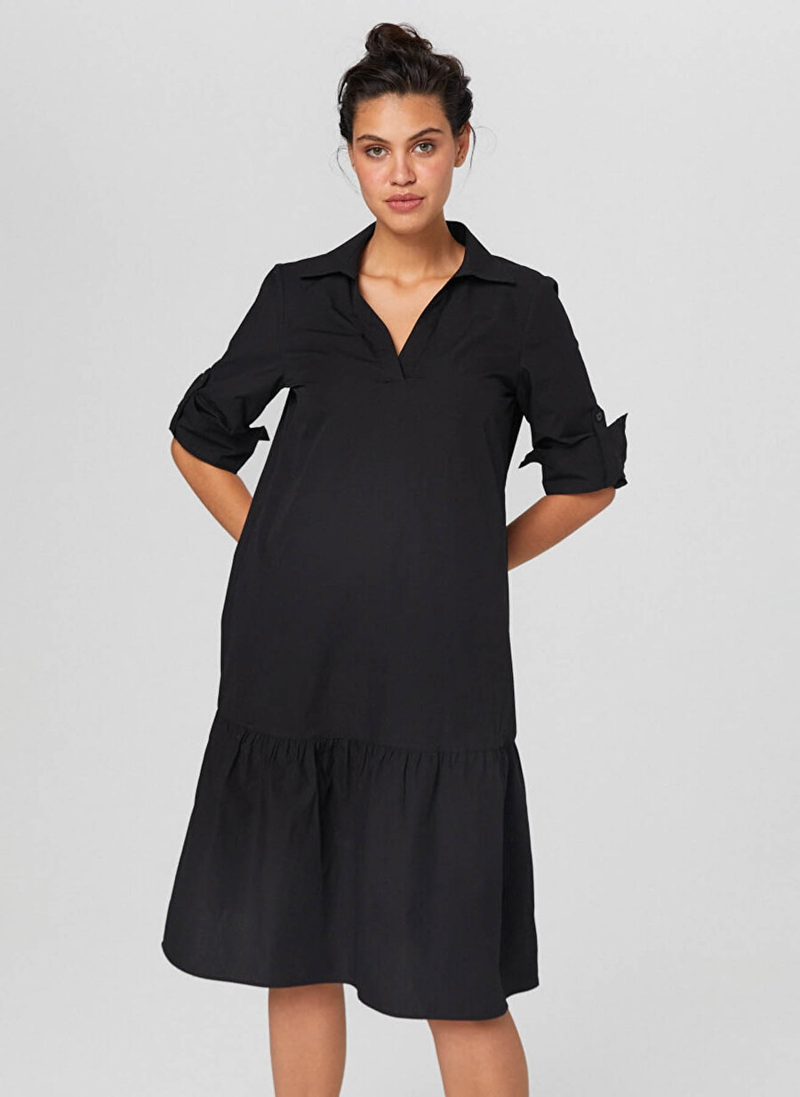 Faik Sönmez V Yaka Düz Diz Altı Siyah Kadın Elbise U65222