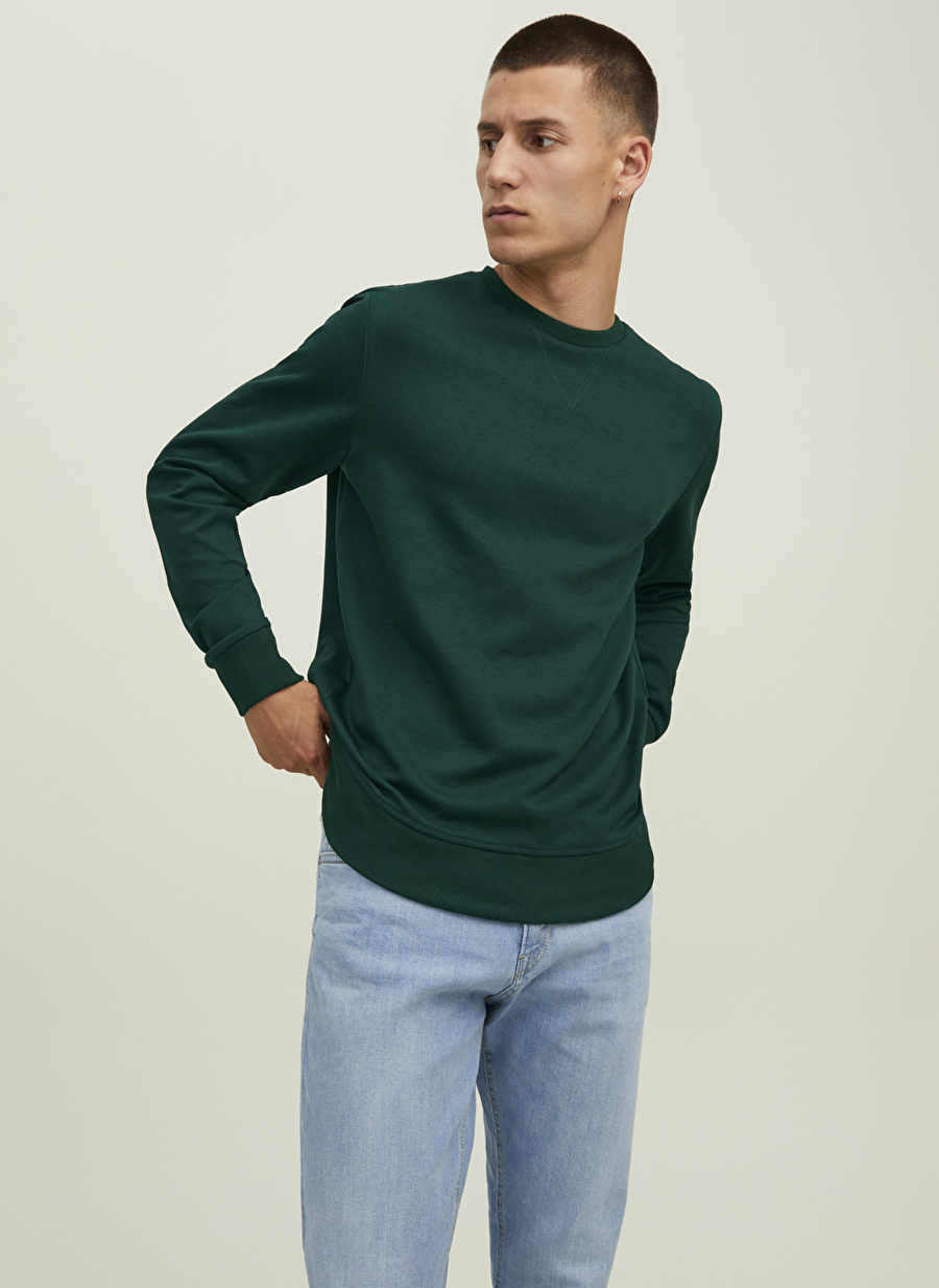 Jack & Jones Bisiklet Yaka Koyu Yeşil Erkek Sweatshırt 12181903_JJEBASIC SWEAT CREW NECK N