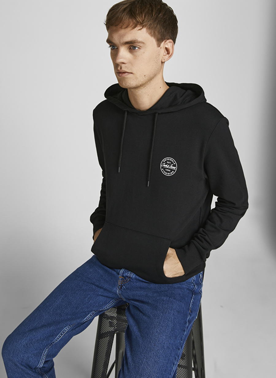 Jack & Jones Kapüşon Yaka Siyah Erkek Sweatshırt 12205081_JJESHARK SWEAT HOOD NOOS