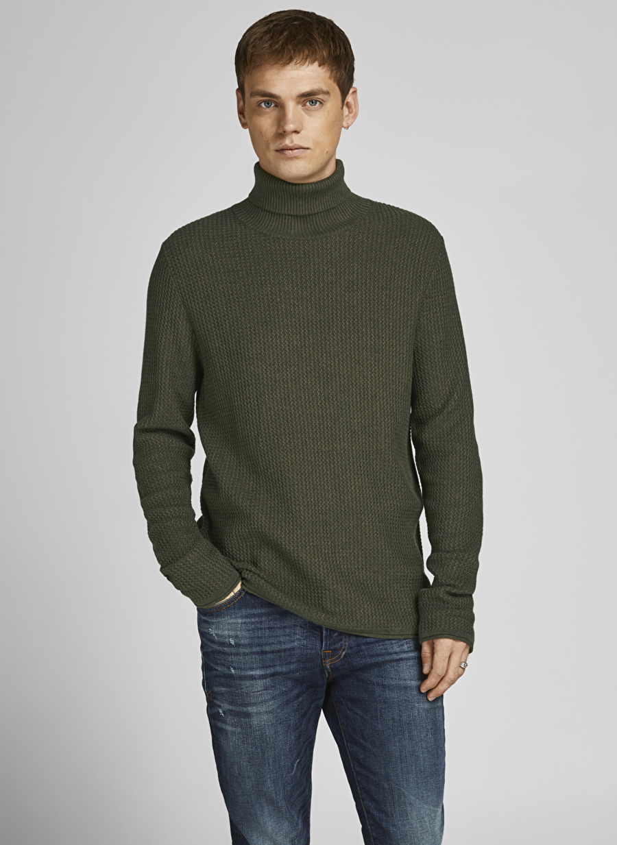 Jack & Jones Balıkçı Yaka Regular Fit Düz Haki Erkek Kazak 12199940_JPRBLUCARLOS KNIT ROLL NEC