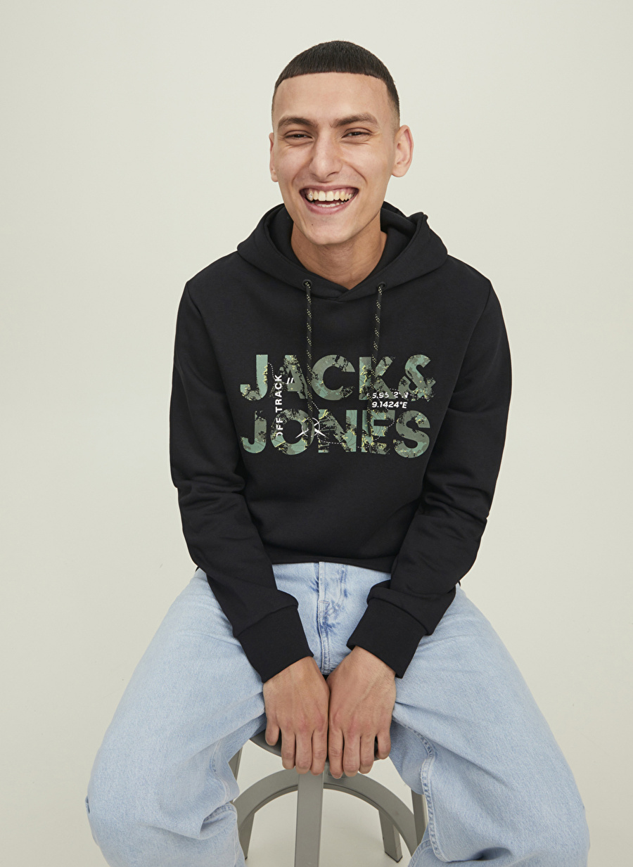 Jack & Jones Siyah Erkek Kapüşonlu Baskılı Sweatshirt 12216242_JCOTECH LOGO SWEAT HOOD