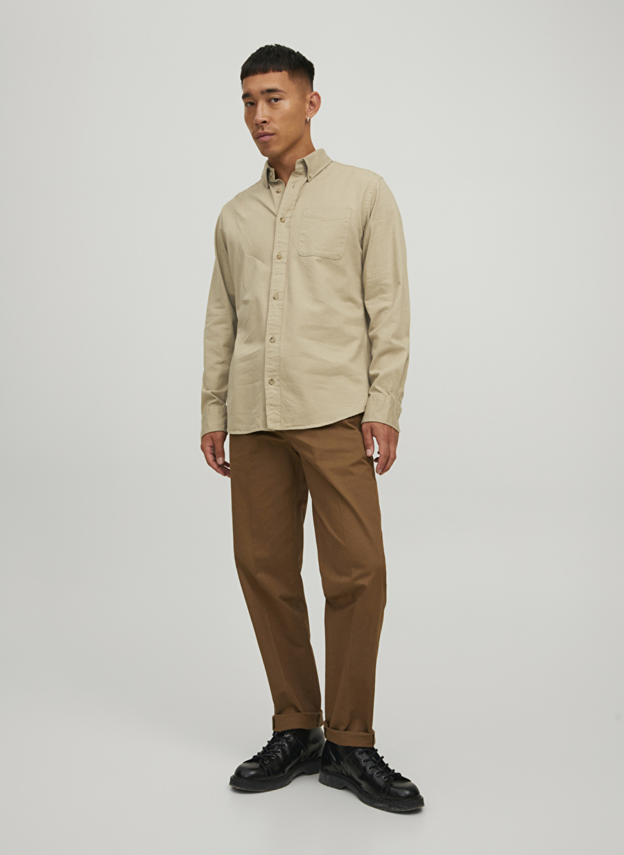 Jack & Jones Düz Koyu Bej Erkek Gömlek 12216465_JPRBROOK TWILL SHIRT L/S