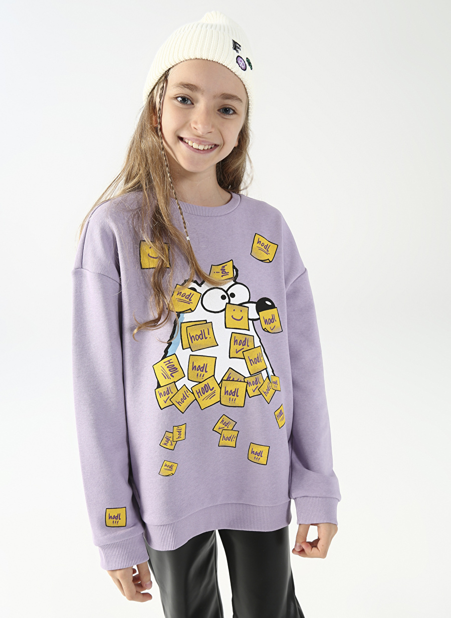 Fluffy Bisiklet Yaka Oversized Lila Kız Çocuk Sweatshirt FFY-07