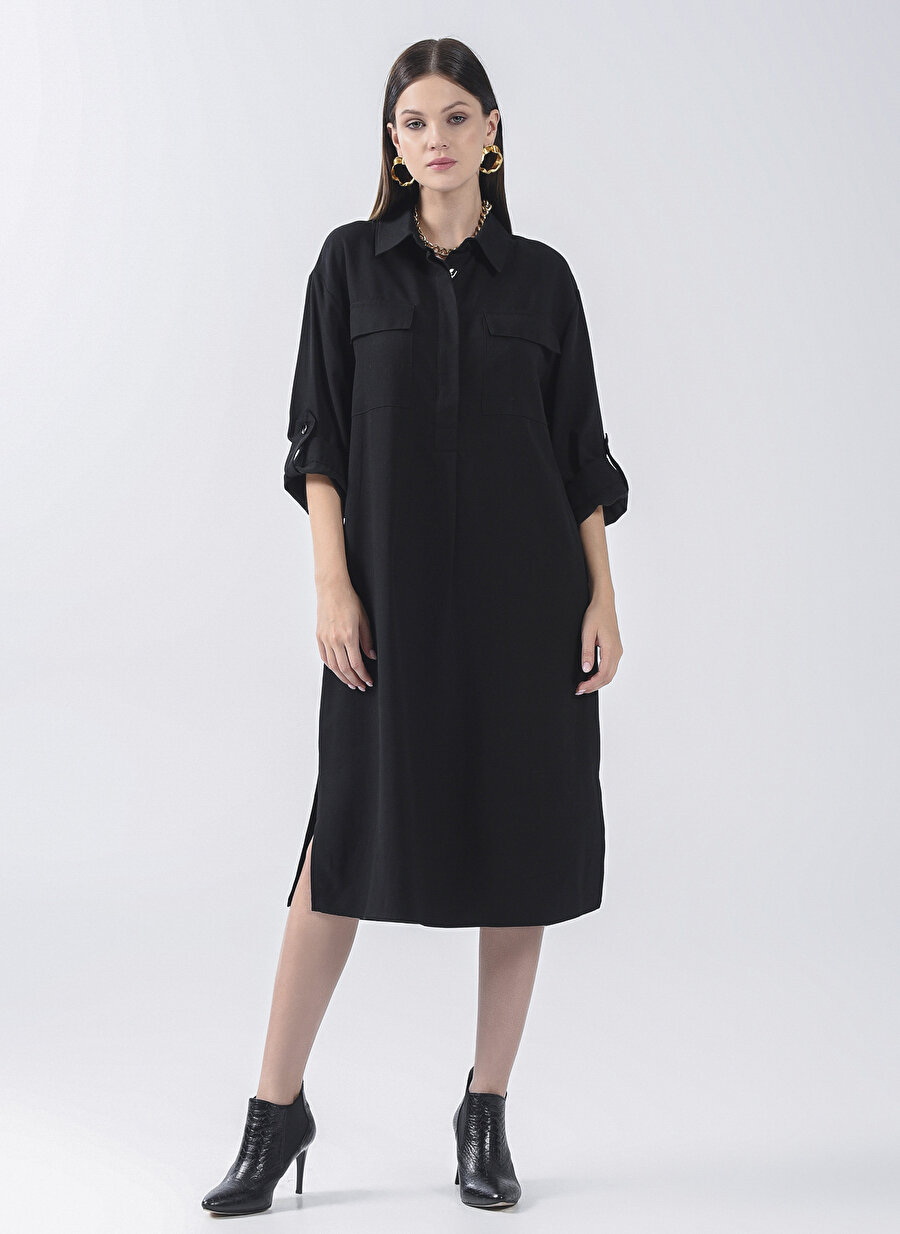 Faik Sönmez Gömlek Yaka Düz Diz Altı Siyah Kadın Elbise U65210