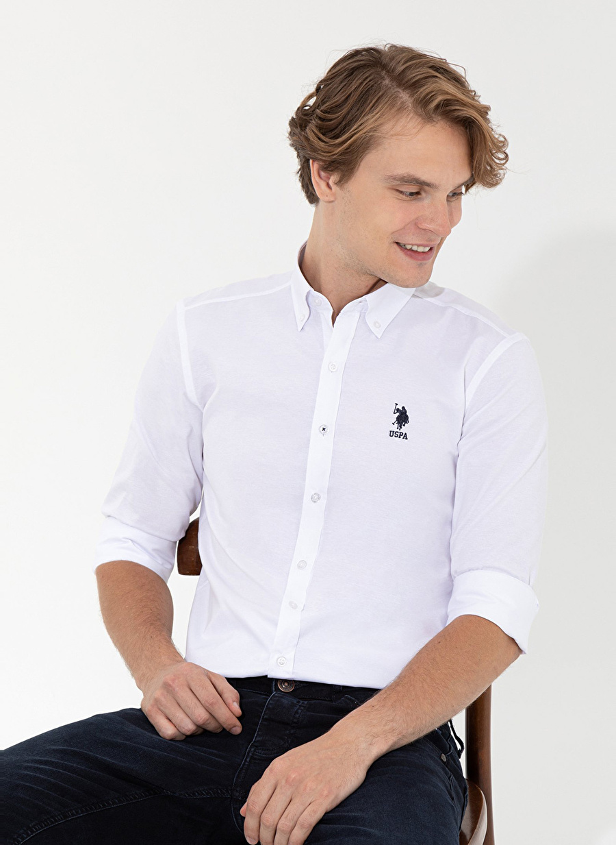 U.S. Polo Assn. Slim Fit Düğmeli Yaka Beyaz Erkek Gömlek GOX022K