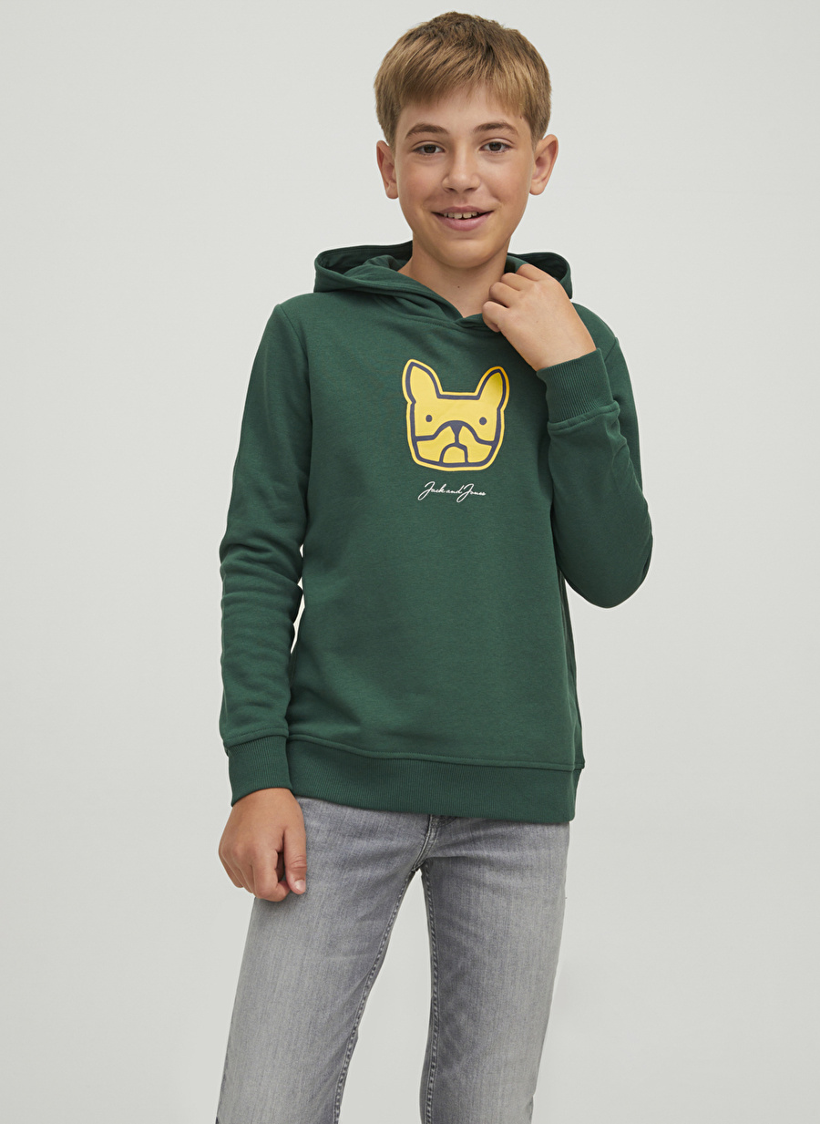 Jack & Jones Baskılı Erkek Çocuk Koyu Yeşil Sweatshırt JORCOMRADE SWEAT HOOD FST LN JNR