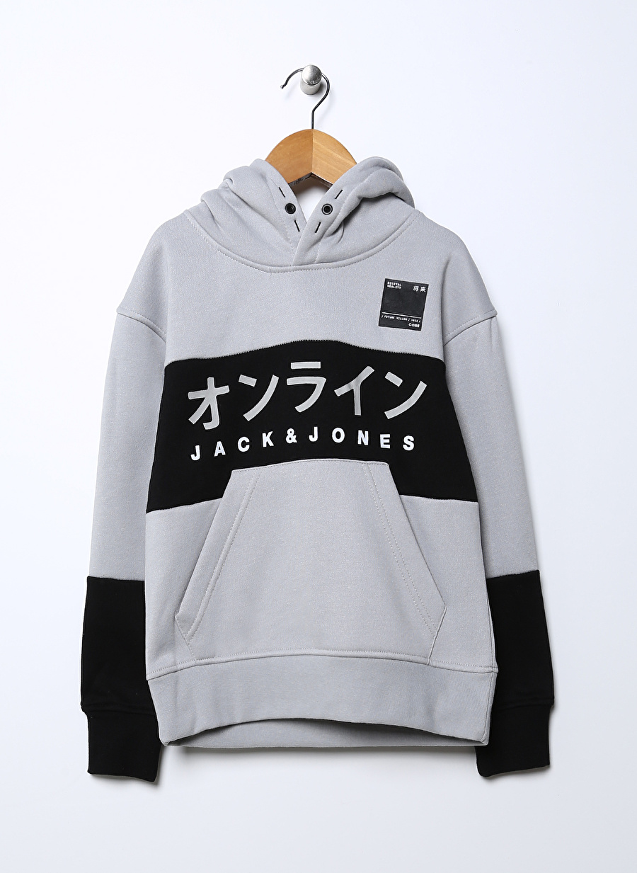 Jack & Jones Açık Gri Erkek Çocuk Kapüşonlu Uzun Kollu Baskılı Sweatshirt JCOHORIZON SWEAT HOOD JNR